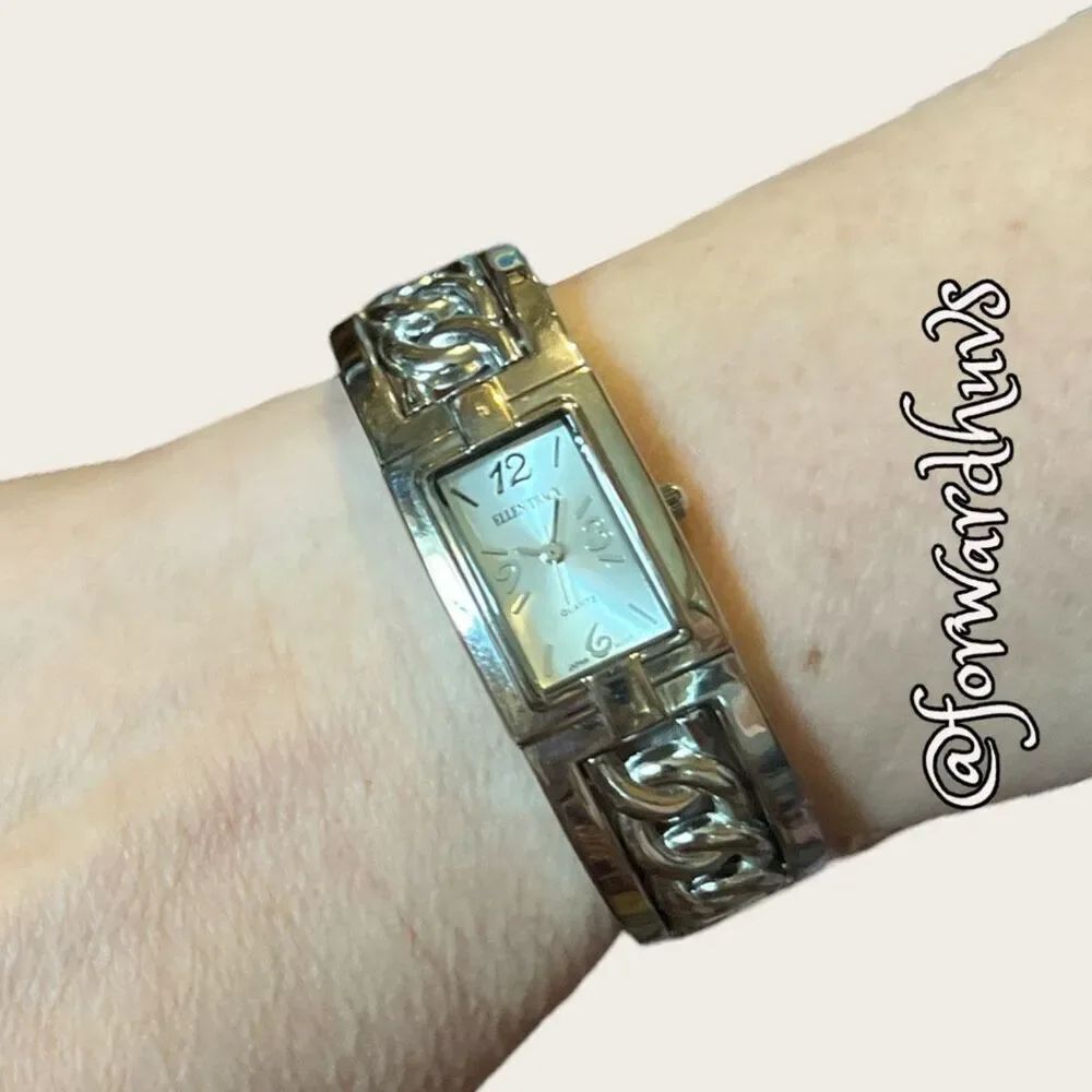 Ellen Tracy Silver Tone Cuff Watch with Mother Of Pearl